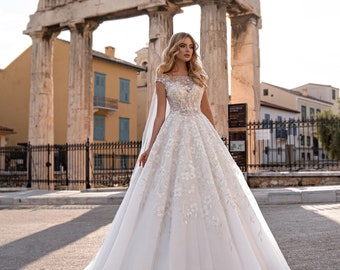 Ball gown wedding dress 591, Short sleeves wedding dress, Bridal gown, Cathedral wedding dress, Lace wedding dress