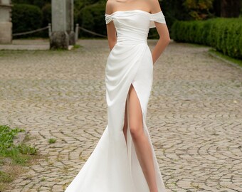 Sheath wedding dress Tais, Satin wedding dress, Ivory wedding dress, Solid wedding dress,Short sleeves wedding dress,Off-the-shoulders dress