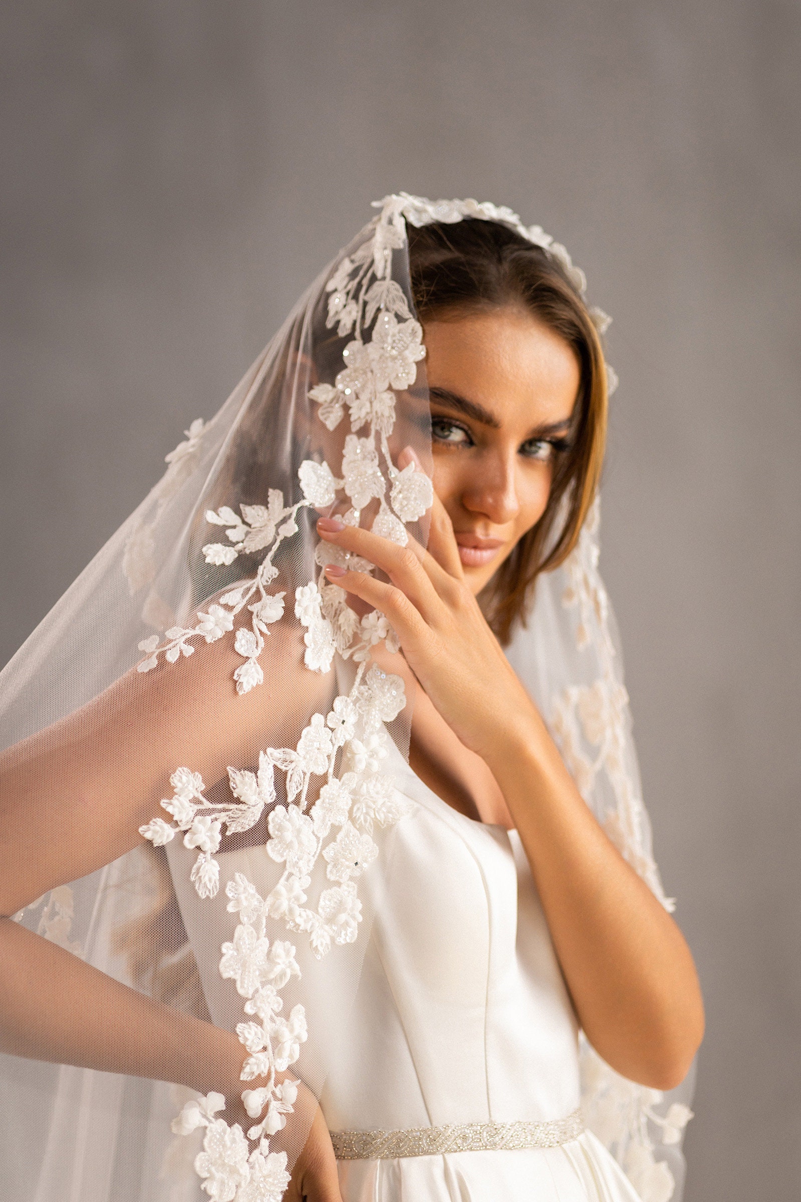 Lace Wedding Veil FN-056, 118 Inches Bridal Veil, Tulle Cathedral Length,  Veil With Comb, One Tier Veil, Bundle Veil 