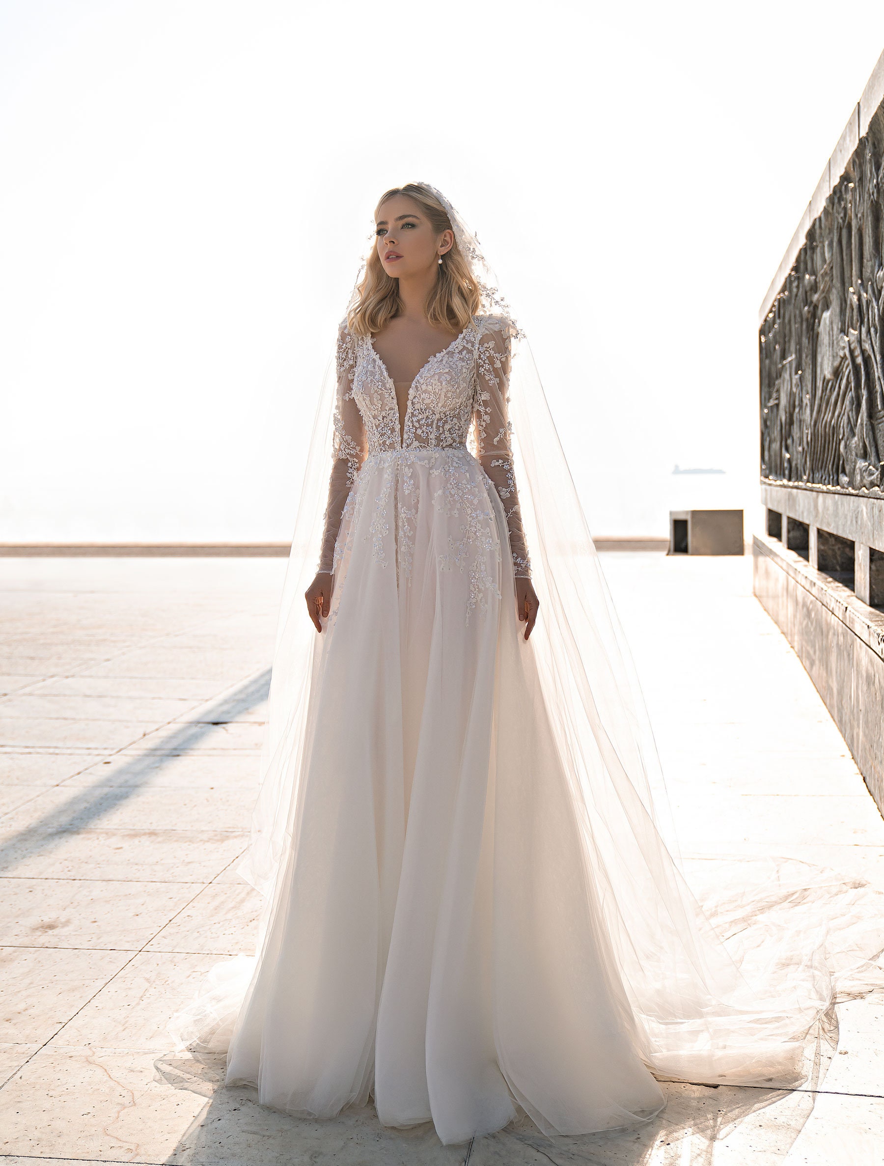 A-line Wedding Dress 175, Long Sleeves Wedding Dress, Ivory Wedding Dress,  V-neck Wedding Dress, Beaded Lace Wedding Dress 