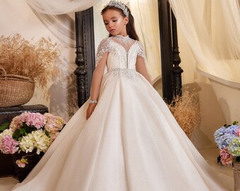 Ball gown girl dress 3611, Ivory girl dress, Sparkle girl dress