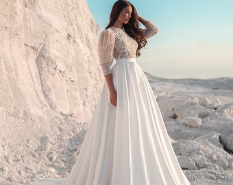 A-line wedding dress MS-028 size 4 in stock, Cathedral wedding dress, Bridal gown, Cappuccino wedding dress, Satin wedding dress
