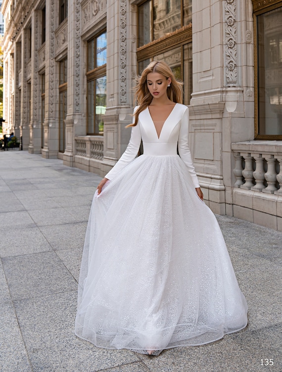 Long Sleeve V-neck A-line Wedding Dress With Lace Bodice And Satin