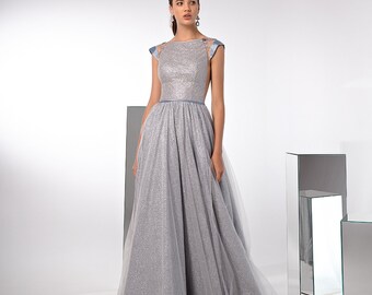 Evening dress EF-039, A-line evening dress, Lace evening dress, Grey evening dress