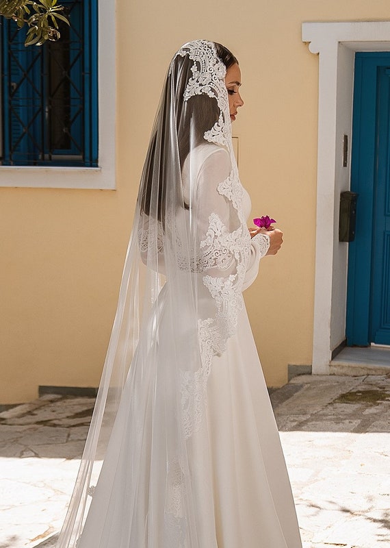 Mantilla lace veil in Cathedral length with beaded lace edge design,  Spanish Wedding veil, Ivory bridal veil, Irene