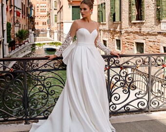 A-line wedding dress 48 , Bridal gown, Lace wedding dress, Satin wedding dress, Ivory wedding dress, long sleeve wedding dress