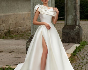 A-line wedding dress Delany, Satin wedding dress, Bridal gown, Ivory wedding dress,Wedding dress with slit