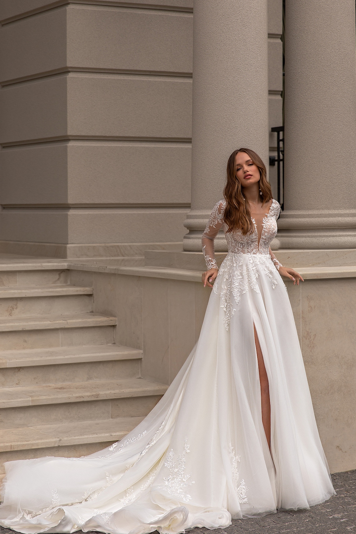 Amazon.com: TSxuelian Women's Princess Long Sleeve A Line Wedding Dress  V-Neck Lace Applique Bridal Gown Dresses : Clothing, Shoes & Jewelry