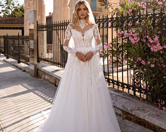A-line wedding dress 598, Long sleeves wedding dress, Bridal gown, High-neck wedding dress, Lace wedding dress