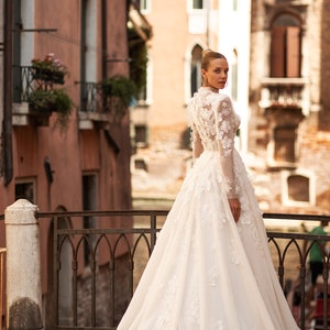 A-line wedding dress 5411,Cathedral wedding dress,3D lace wedding dress,Long sleeves wedding dress, High neck wedding dress image 3