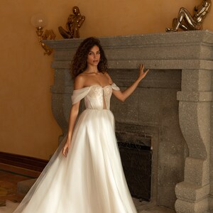 A-line wedding dress Tiber, Short sleeves wedding dress, Ivory wedding dress, Off the shoulders wedding dress, Bridal gown image 1