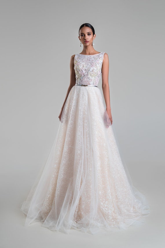 boat neck a line wedding dress