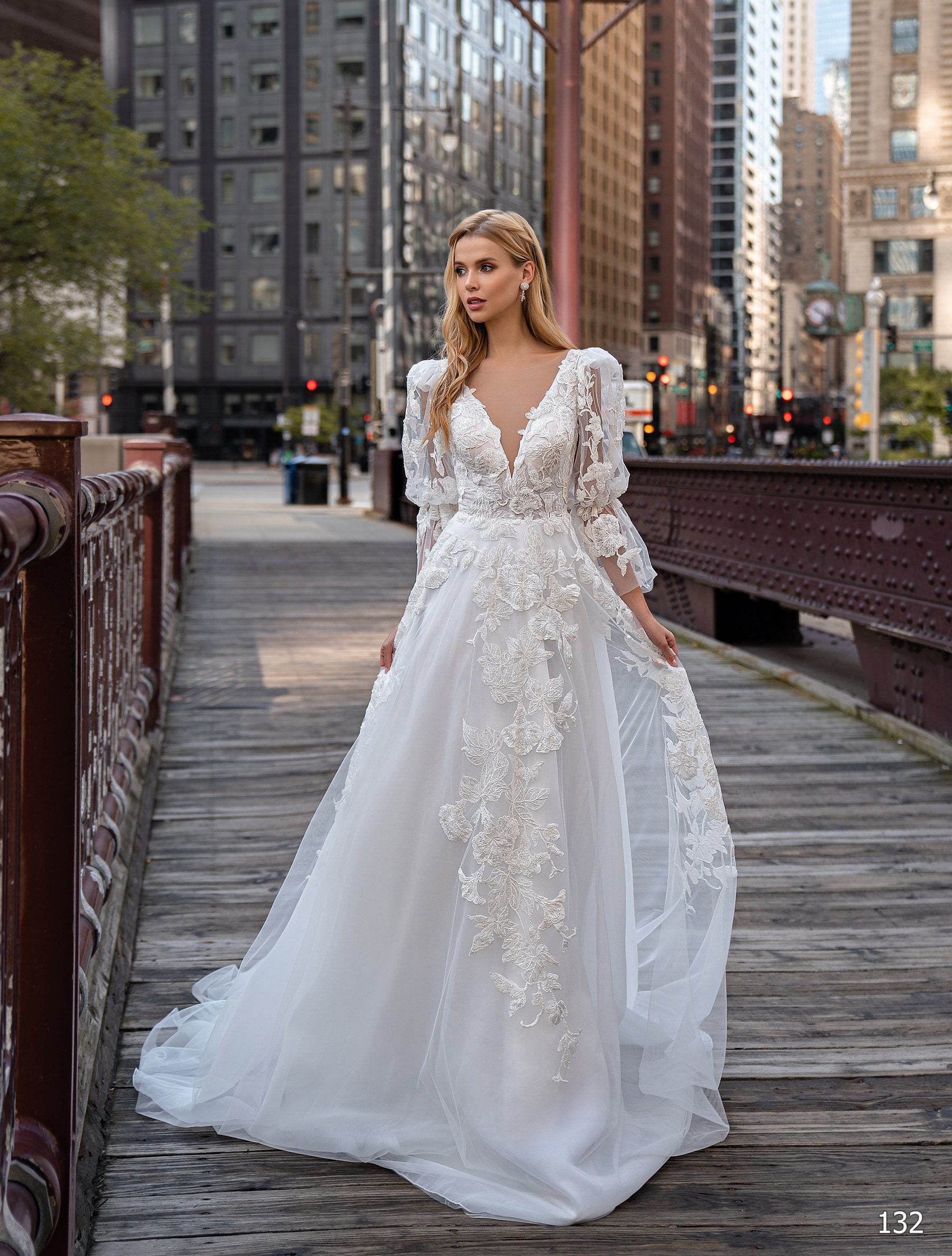 long sleeve a line wedding dress