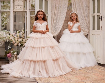 Ball gown girl dress 3627, Ruffled skirt girl dress,V-neck girl dress