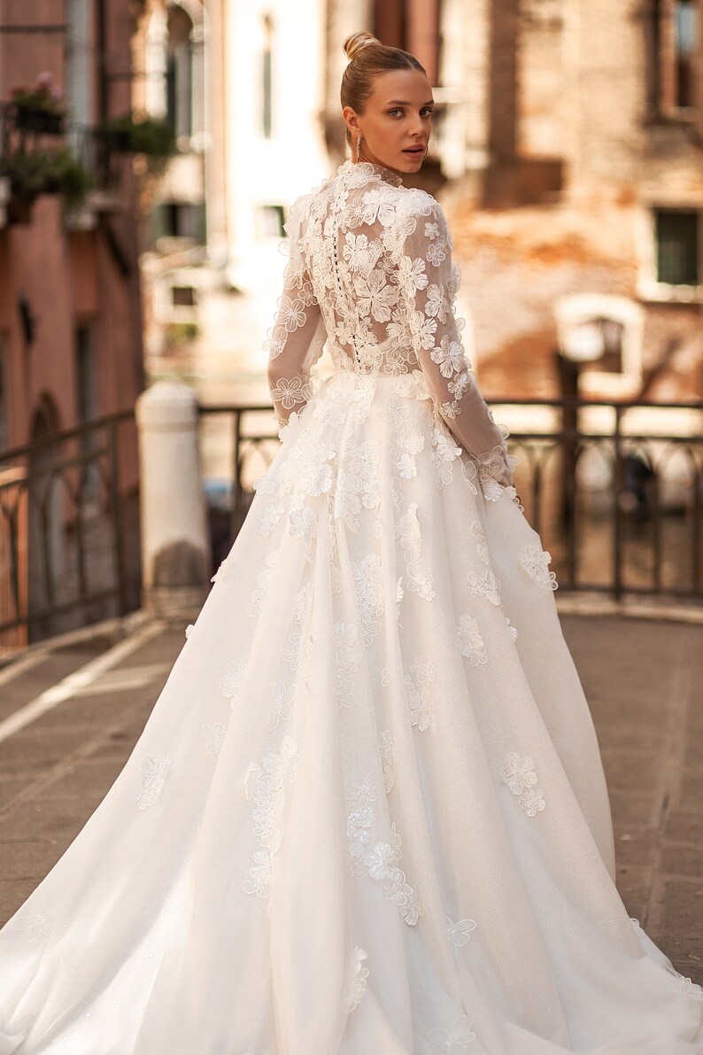 A-line wedding dress 5411,Cathedral wedding dress,3D lace wedding dress,Long sleeves wedding dress, High neck wedding dress image 4