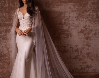 Mermaid wedding dress 5513, Transformer wedding dress, Detachable sleeves wedding dress, 3D Lace wedding dress, Cathedral wedding dress