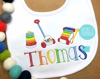 Baby Personalized Bib / Vintage Toy Embroidery / Boy Toy Bib / Embroidered Bib / Monogram Bib / Boy Baby Shower Gift / New Baby Gift