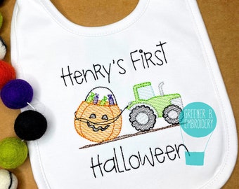 Personalized Boy Halloween Bib / Jack O Lantern Bib / Baby Girl Boy Bib / 1st Halloween / Tractor Boy Bib Candy / First Halloween Bib