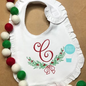 Girl Christmas Bib / Christmas Wreath Embroidery / Christmas Holly / Baby Christmas Bib / First Christmas Bib / Christmas Monogram