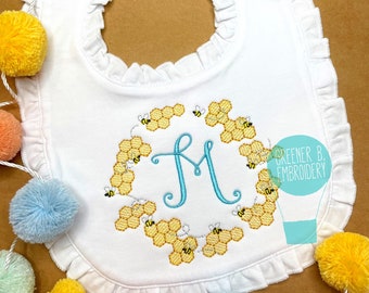 Personalized Girl Bee Bib / Honeycomb Bib / Bee Birthday Bib / Girl Monogram Bib / Girl Personalized Bib / Bee Bib Embroidery Applique