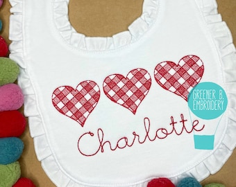 Girl Valentine Bib / Girl Personalized Bib / Gingham Heart Bib / Girl's Monogram Bib / Baby's First Valentine / Personalized Girl Heart Bib