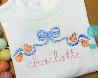 Customized Pumpkin Bow Girl Shirt / Personalized Thanksgiving Shirt / Pumpkin Embroidery / First Thanksgiving / Thanksgiving Outfit