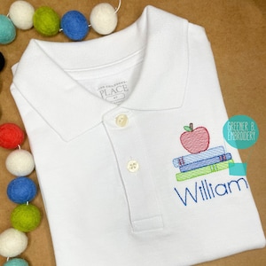 Back to School Boy&#39;s Polo Shirt / Monogrammed Boy Polo Shirt / First Day of School Shirt / Apple Crayon Embroidery / Kindergarten Polo