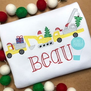 Personalized Boy Christmas Construction Shirt – Dump Truck, Excavator, Crane with Tree and Presents, Holiday Applique Tee, Monogram