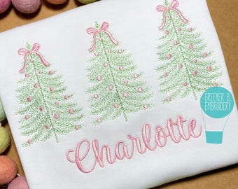 Personalized Girl Christmas Tree Shirt – Whimsy Tree Embroidery, Pastel Trio of Trees, Holiday Applique Tee, Christmas Monogram Outfit
