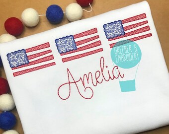 Girl's Fourth of July Shirt / American Flag Shirt / 4th of July Applique Embroidery / Girl Red White and Blue Shirt / Patriotic Shirt / USA