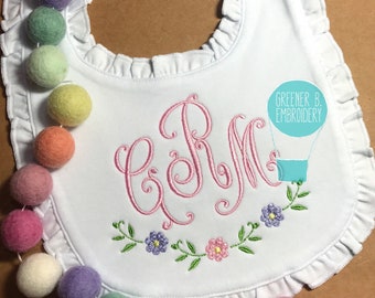 Babero con monograma de flores para niña / Babero personalizado para niña / Regalo para baby shower / Regalo para niña / Monograma para bebé / Babero para bautizo / Babero con monograma para niña
