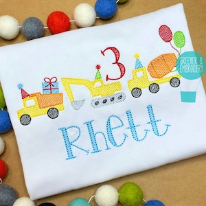 Personalized Construction Birthday Shirt / Boy Construction Birthday Party / Excavator Applique / Cement Truck Embroidery / Dump Truck