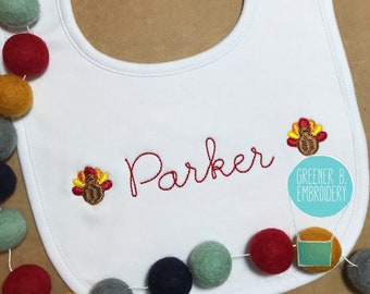 Babero personalizado de Acción de Gracias / Babero de pavo / Babero para bebé niña / Babero para el primer Día de Acción de Gracias / Baby Shower / Babero personalizado / Babero con monograma