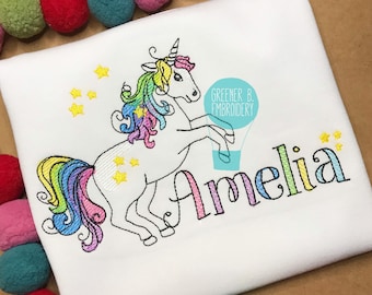Personalized Girl Unicorn Shirt / Rainbow Unicorn Embroidery Applique / Unicorn Birthday / Girl Unicorn Party / Girl Unicorn Outfit