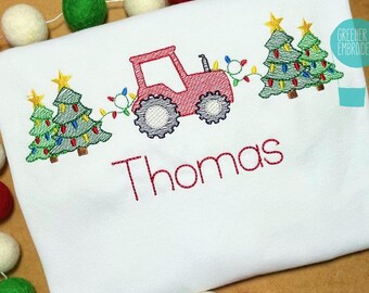 Personalized Boy Christmas Tractor Shirt – Christmas Light Tree Farm Embroidery, Applique Holiday Outfit, Monogram