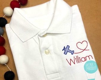 Boy Valentine's Day Embroidered Polo Shirt / Monogrammed Boy Polo / Personalized Polo Shirt / Airplane Plane Embroidery / Valentine Applique