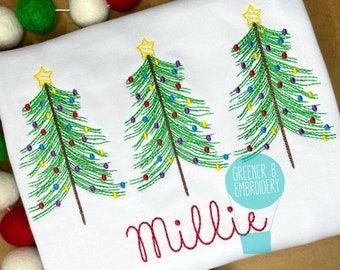 Personalized Girl Christmas Tree Shirt – Whimsy Tree Embroidery, Holiday Applique Tee, Christmas Monogram Outfit for Baby or Toddler