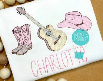 Personalized Girl Cowboy Boots Hat Guitar Embroidered Shirt / Cowboy Birthday / Western Birthday Shirt / Cowboy Applique / Cowboy Party