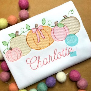 Peut inclure: Une grenouill&egrave;re blanche avec un motif brod&eacute; rose d'une rang&eacute;e de citrouilles avec des feuilles et un n&oelig;ud rose sur la plus grosse citrouille. Le nom "Charlotte" est brod&eacute; en rose sous les citrouilles. Le texte "Greener B. Embroidery" est brod&eacute; en noir sur le c&ocirc;t&eacute; droit de l'image.