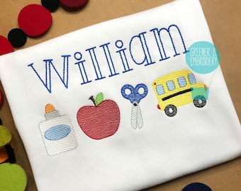 Back to School Shirt / Bus Apple Scissors Applique / 1st Day of School /  First Day of School / Kindergarten  Pre K Shirt / School Outfit