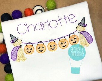 Girl Halloween Applique Shirt / Jack O Lantern Shirt / Halloween Dog / Halloween Outfit / Halloween Embroidery / Halloween Sketch