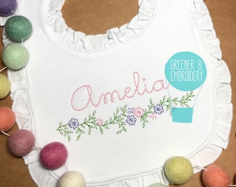 Floral Bib / Girl Flower Bib / Girl Personalized Bib / Floral Embroidered Bib / Girl's Monogram Bib / Baby Shower Gift / Baby Girl Gift