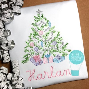 Personalized Girl Christmas Tree Shirt – Pastel Christmas Embroidery, Holiday Applique Outfit, Monogram