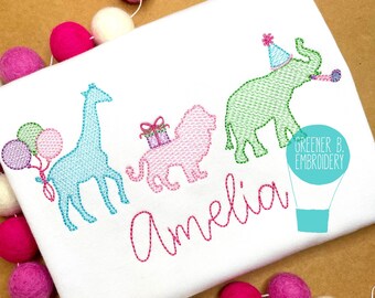 Chemise personnalisée d'anniversaire d'animal de zoo / appliques de broderie d'éléphant de lion de girafe / chemise d'animal de fête de fille / anniversaire d'animal sauvage