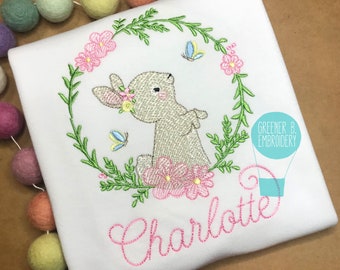 Girl Easter Bunny Shirt / Floral Bunny Embroidery / Easter Outfit / Baby 1st Easter Shirt / Easter Bunny Applique / Girl Easter Applique