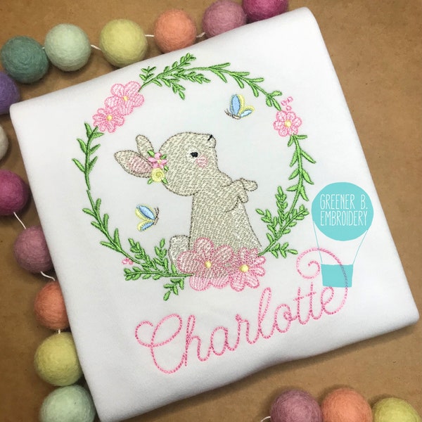 Girl Easter Bunny Shirt / Floral Bunny Embroidery / Easter Outfit / Baby 1st Easter Shirt / Easter Bunny Applique / Girl Easter Applique