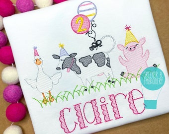 Girl Barn Birthday Shirt / Cow Pig Duck Birthday / Farm Party Shirt / Personalized Birthday Shirt / Barn Sketch Embroidery / Barn Applique