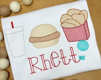 Camisa personalizada de bordado de comida rápida / papas fritas bebida camisa sándwich de pollo