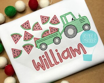 Personalized Watermelon Shirt / Boy Summer Shirt / Boy Tractor Embroidery / Watermelon Applique Embroidery Shirt / Watermelon Birthday /