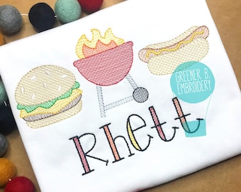 BBQ Bar B Que Embroidery Shirt / Hot Dog Hamburger Grill Applique / Summer Grilling / Summer Birthday / BBQ Birthday / BBQ Party / Picnic